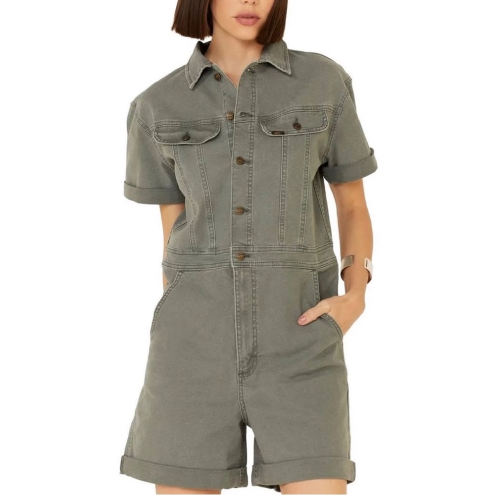 Lee Union Alls Denim Romper in Olive Green Medium